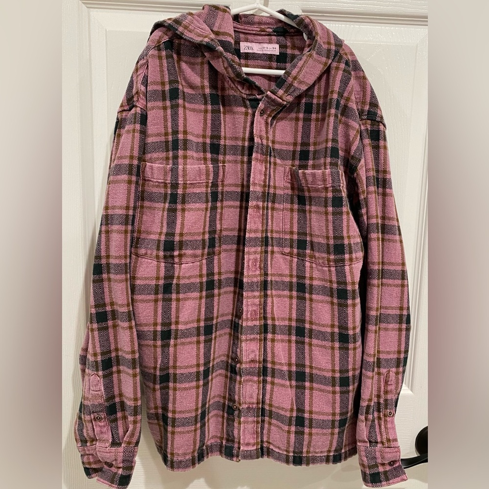 ZARA Kids Flannel Hooded Button Down Shirt Size 13-14 Pink Black Brown